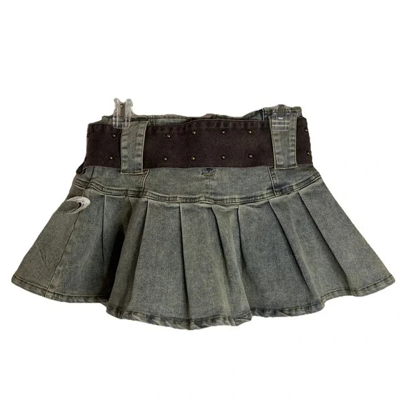 Sun Dream Retro Strapless Denim 2pc Detachable Brown Chunky Belt Kilt Mini Skirt - Picture 5 of 9